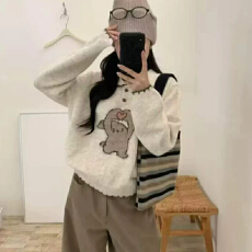 批发韩式可爱风爱心兔子卡通长袖针织衫女秋季翻领Polo衫毛衣宽松<b class='q'>上衣</b>