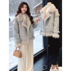 批发蓝色皮毛一体羊羔毛外套<b class='q'>女装</b>2025冬季新款加绒加厚保暖巨好看上衣