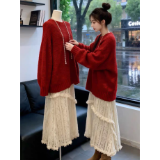 批发法式气质红色宽松针织<b class='q'>上衣</b>淑女半裙女装2025秋冬新款独特漂亮套装