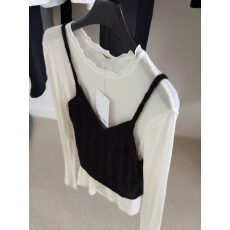 批发韩版木耳花边长袖T恤打底衫针织背心叠穿上衣女通勤显瘦百搭套装