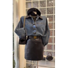 批发媛媛【博主私服】新款拼皮翻领复古收腰复古时尚牛仔外套女
