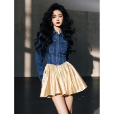 批发法式时尚洋气牛仔拼接气质<b class='q'>连衣裙</b>女春季新款A字裙独特别致小裙子