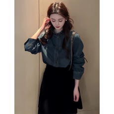 批发ZHEN.臻  老钱港风时尚气质木耳领褶皱水洗<b class='q'>牛仔</b><b class='q'>衬衫</b>