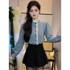 批发蓝色蕾丝花边立领<b class='q'>牛仔</b><b class='q'>衬衫</b>上衣<b class='q'>女</b>2026春季新款设计感显瘦半裙套装