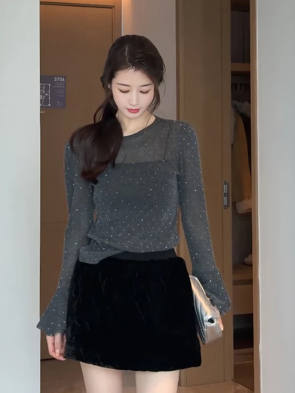 무거운 작업 핫픽스 디자인 센스 마이크로 ~을 통해 니트 자외선 차단 블라우스 티셔츠 여성 여름 캐주얼 루즈핏 다용도 긴팔 맨위
