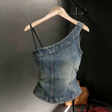 显瘦辣妹牛仔修身吊带小众设计感背心新款斜肩抹胸短款爆款上衣