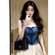 批发2026夏季新款独特超好看气质蓝色<b class='q'>牛仔</b>吊带背心辣妹绑带短<b class='q'>上衣</b>女装