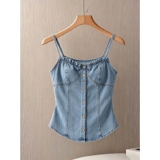 批发木耳边<b class='q'>牛仔</b><b class='q'>吊带</b><b class='q'>背心</b>女新款日系修身显瘦气质百搭小众纯欲辣妹上衣