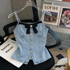 批发蝴蝶结撞色<b class='q'>牛仔</b><b class='q'>吊带</b><b class='q'>背心</b>女新款韩版修身显瘦气质辣妹纽扣上衣无袖