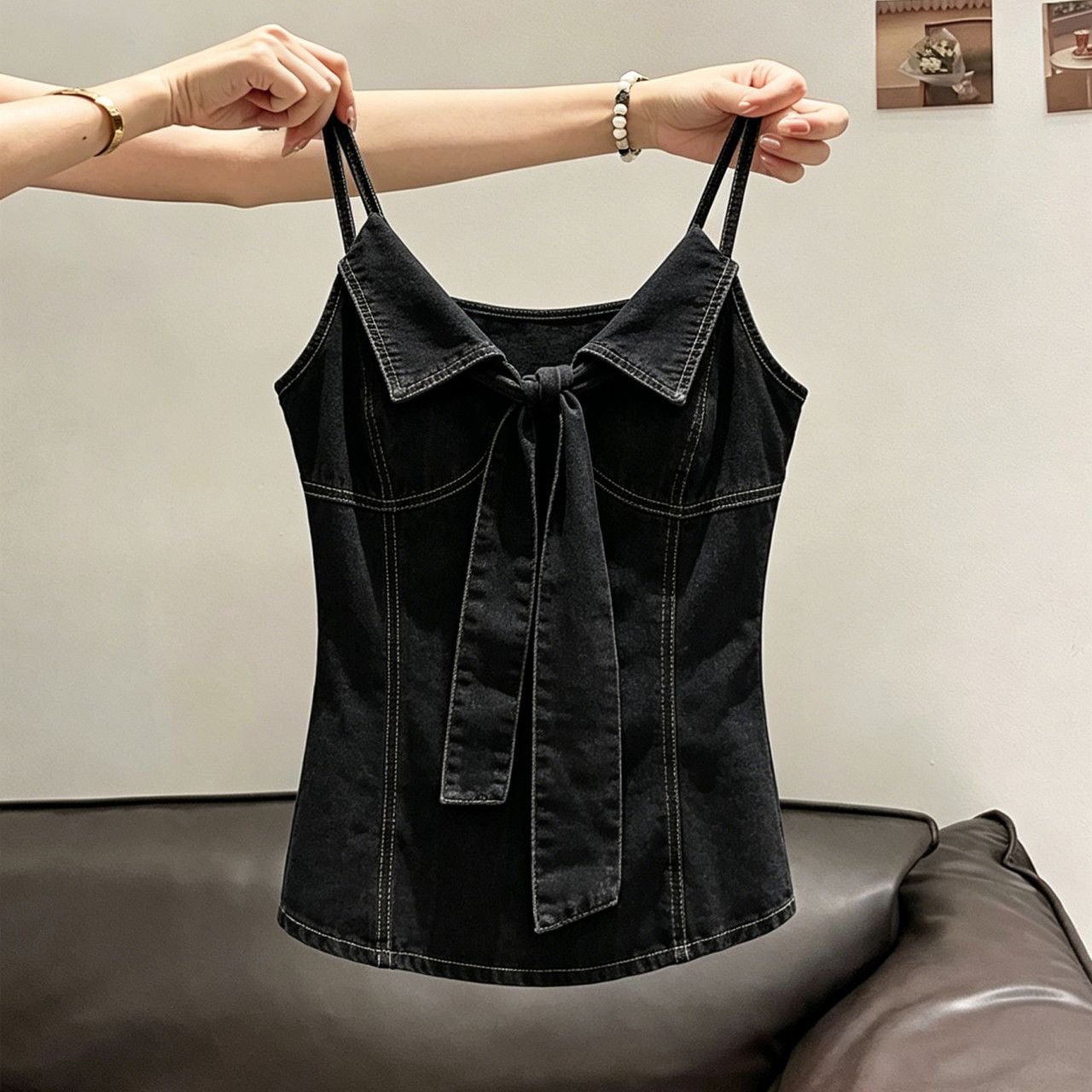 달콤한 차가운 바람 데님 캐미솔 새로운 일본식 패션 레트로 품격 연령 감소 레이스업 외국 가스 외출용 맨위