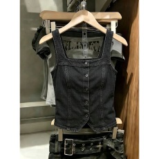 批发辣妹修身短款<b class='q'>牛仔</b>方领<b class='q'>背心</b>外穿新款小个子无袖吊带复古开衫上衣