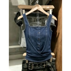 批发小个子修身辣妹新款吊带<b class='q'>牛仔</b><b class='q'>背心</b>气质外穿无袖短款上衣小众打底衫