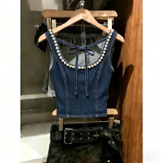 批发珍珠装饰<b class='q'>牛仔</b><b class='q'>吊带</b><b class='q'>背心</b>女新款日系甜辣复古显瘦气质百搭短款上衣服