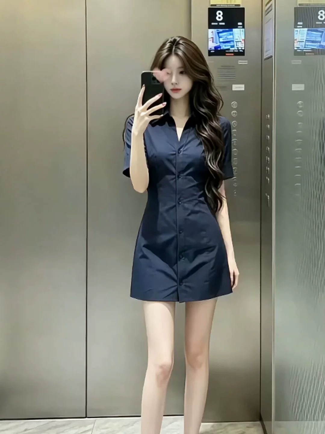 해군 폴로 칼라 반팔 셔츠 드레스 2026 여름 새로운 여름 드레스 허리 수축 품격 미니 스커트 치마 여성 의류