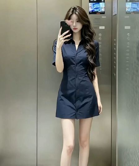해군 폴로 칼라 반팔 셔츠 드레스 2026 여름 새로운 여름 드레스 허리 수축 품격 미니 스커트 치마 여성 의류