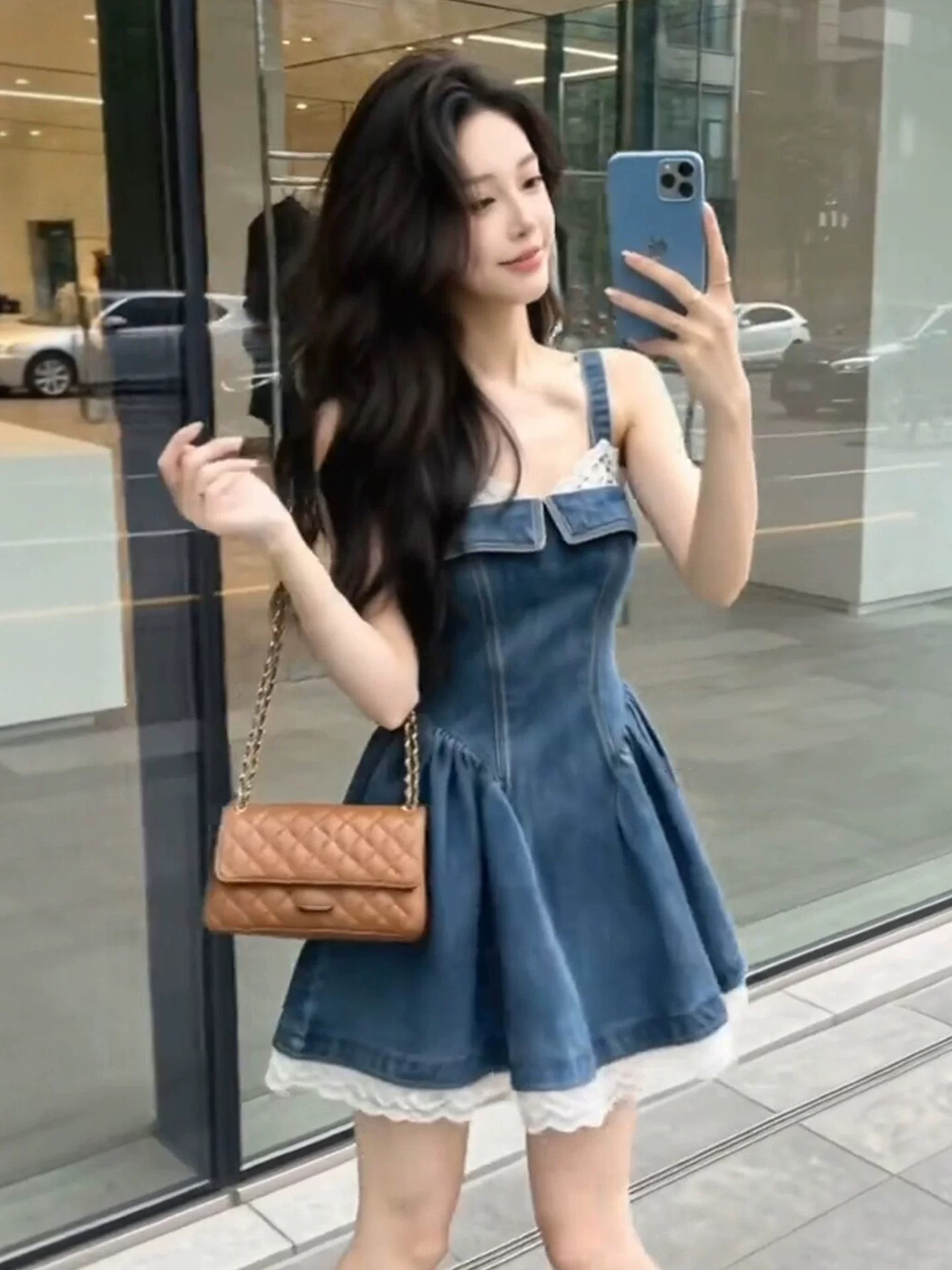 한국 스타일 품격 핫걸 데님 레이스 슬립 드레스 여성 의류 2026 여름 새로운 자이언트 잘 생긴 허리 수축 미니 스커트