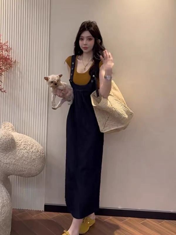 한국 스타일 품격 레트로 핫걸 데님 민소매 드레스 2026 여름 새로운 슬림해 보이는 멜빵 길다 치마 여성 의류