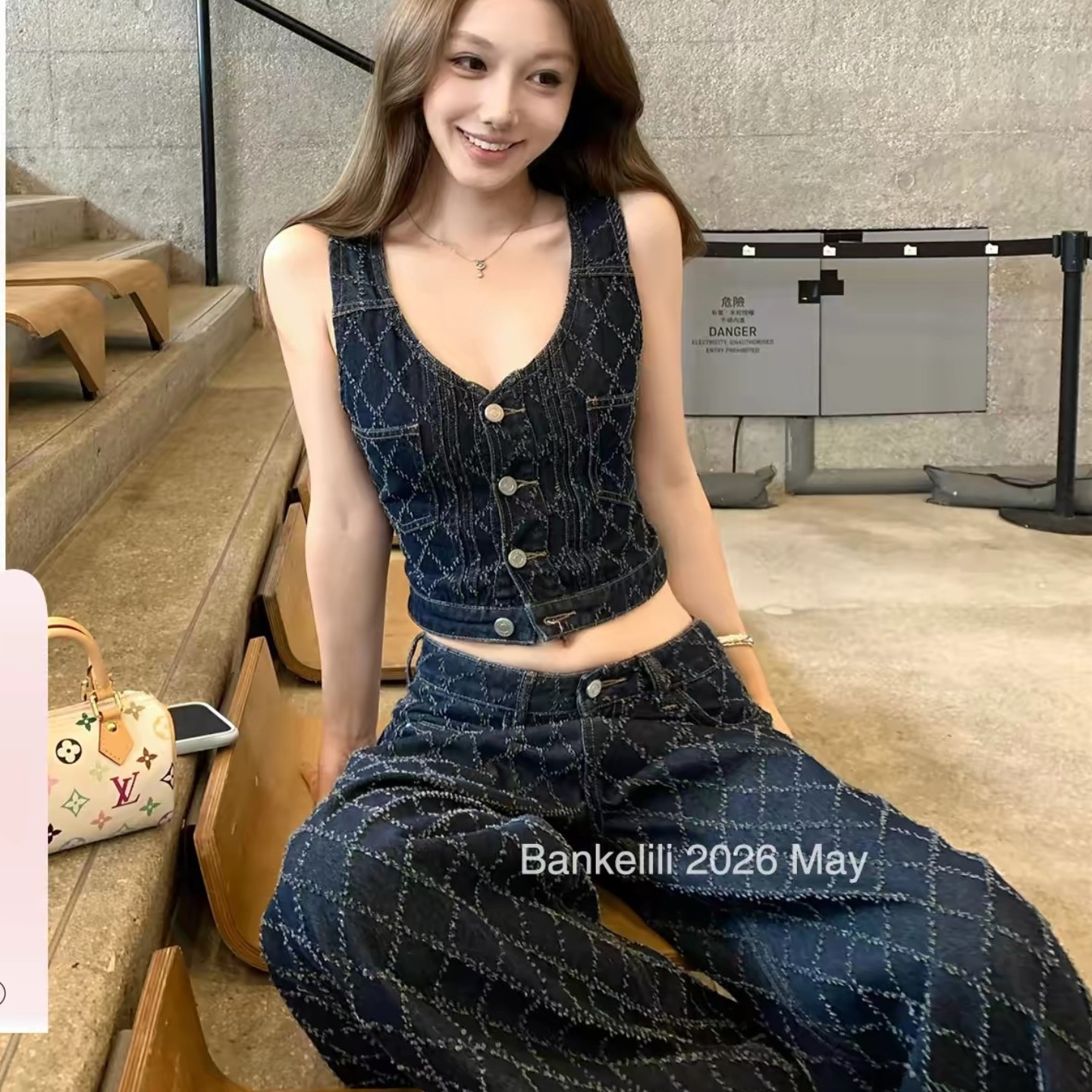 밤나무 코코아 bankelili 고대 복장 링 그리드 원색 링 그리드 자수 데님 베스트 데님 스트레이트 팬츠 여성
