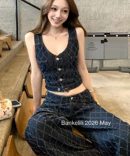 밤나무 코코아 bankelili 고대 복장 링 그리드 원색 링 그리드 자수 데님 베스트 데님 스트레이트 팬츠 여성
