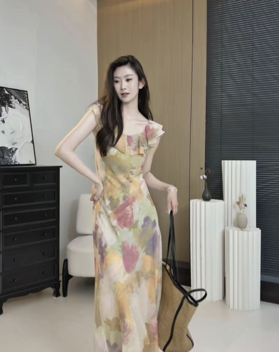모네 정원 여름 새로운 유화 센스 프린트 허리 수축 슬림해 보이는 프릴 보트넥 드레스