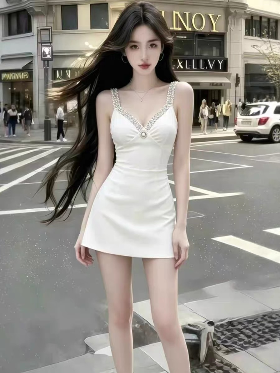 한 부서 품격 미니멀리즘 다용도 핫픽스 민소매 드레스 2026 여름 새로운 섹시함 화이트 짧은 치마 여성 의류