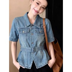 批发复古风POLO领<b class='q'>牛仔</b><b class='q'>衬衫</b>女款2026夏季新款今年流行爆款收腰短袖上衣