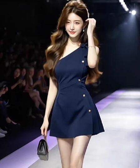한 부서 품격 핫걸 비스듬한 어깨 나비 매듭 드레스 2026 여름 새로운 섹시함 허리 수축 타이트 스커트 미니 스커트 여성 의류