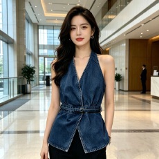 批发显瘦气质韩版牛仔马甲女收腰系带无袖上衣<b class='q'>通勤</b>风减龄设计感超好