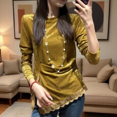批发网红爆款时尚设计不规则丝绒<b class='q'>T</b><b class='q'>恤</b>女修身<b class='q'>显瘦</b>遮肉长袖蕾丝拼接上衣