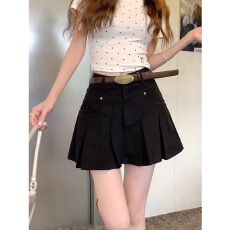 批发韩系<b class='q'>复古</b>牛仔百褶半身裙女夏季胖mm设计感高腰显瘦包臀a字短裙子