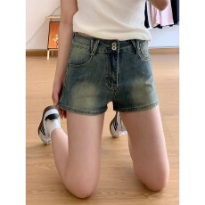 批发大码复古美式蓝色牛仔<b class='q'>短裤</b>夏季女胖mm高腰显瘦a字弹力直筒<b class='q'>热裤</b>子
