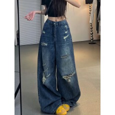 批发韩系复古高腰宽松破洞阔腿牛仔裤女2025秋季设计感小众拖地长裤潮