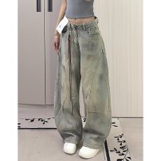 批发美式做旧高街复古脏染解构弯刀牛仔<b class='q'>裤</b>宽松显瘦<b class='q'>气质</b>百搭阔腿拖地<b class='q'>裤</b>