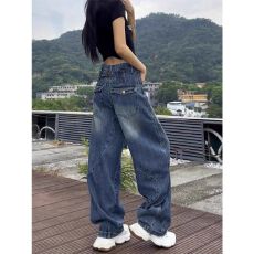 批发韩系复古美式弯刀牛仔裤女<b class='q'>秋</b>季胖mm梨形身材高腰显瘦直筒阔腿裤子