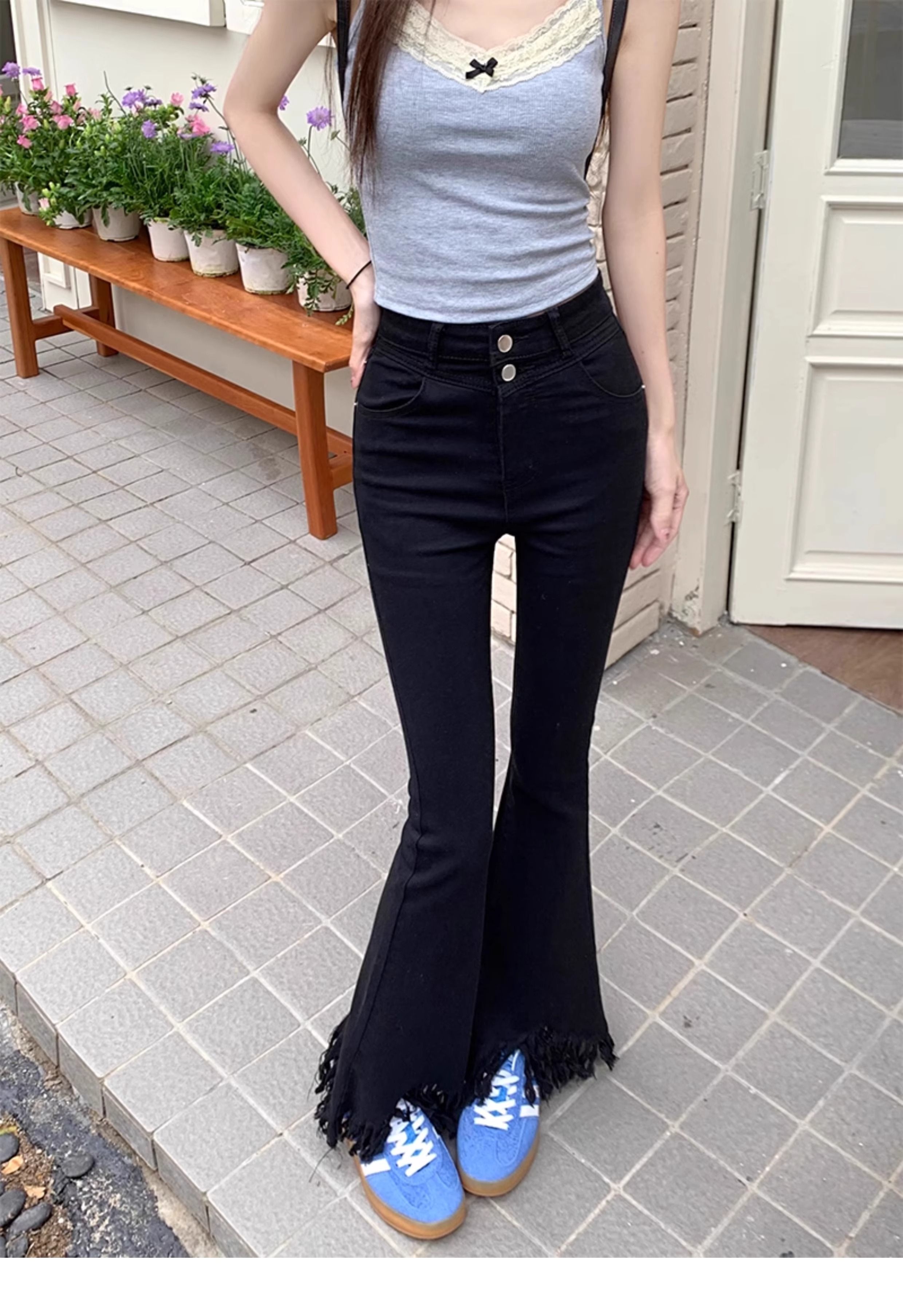 s-5xl大码弹力微喇叭牛仔裤女秋季复古毛边高腰显瘦马蹄拖地长裤