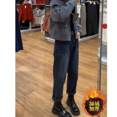 批发韩系弹力加绒直筒<b class='q'>牛仔</b>裤女秋冬胖mm高腰显瘦老爹<b class='q'>哈伦</b>萝卜九分裤子
