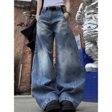 批发韩系竹节解构宽松弯刀<b class='q'>牛仔裤</b><b class='q'>男</b>女美式复古水洗阔腿新款休闲长裤