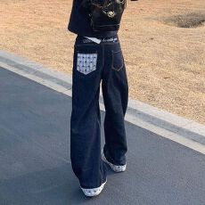 批发拼接格子卷边牛仔<b class='q'>裤</b>女春<b class='q'>夏季</b>美式设计感修身宽松直筒高腰阔腿长<b class='q'>裤</b>