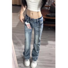 批发美式高街毛须低腰微喇牛仔裤女春<b class='q'>秋</b>2026新款设计感弹力窄版直筒裤