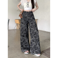 批发韩系小个子美式迷彩牛仔裤女高腰宽松阔腿裤休闲拖地裤直筒长裤