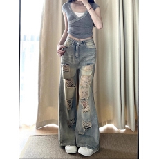 批发美式高街破洞牛仔裤女夏季薄款超火水洗做旧高腰垂感宽松阔腿<b class='q'>裤子</b>
