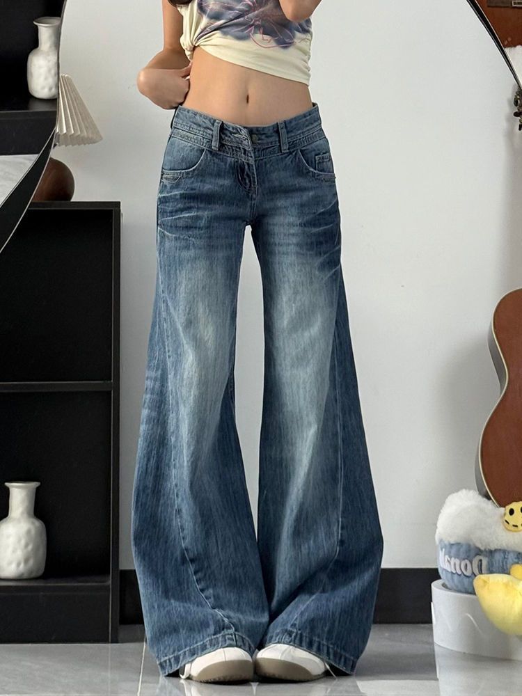 한 부서 새로운 레트로 워싱 번개 곡물 부츠컷 청바지 여성 봄 작은 대중 루즈핏 슬림해 보이는 스트레이트 팬츠 트렌디