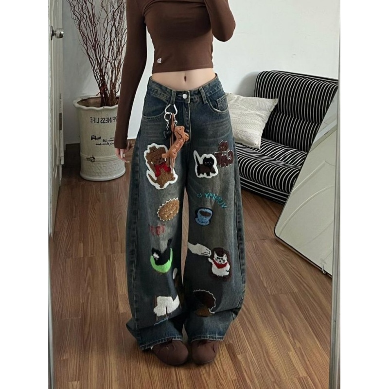 만화 천 막대기 자수 청바지 여성 봄 가을 디자인 센스 루즈핏 슬림해 보이는 다용도 슈퍼 잘 생긴 스트레이트 와이드 레그 팬츠 어린이