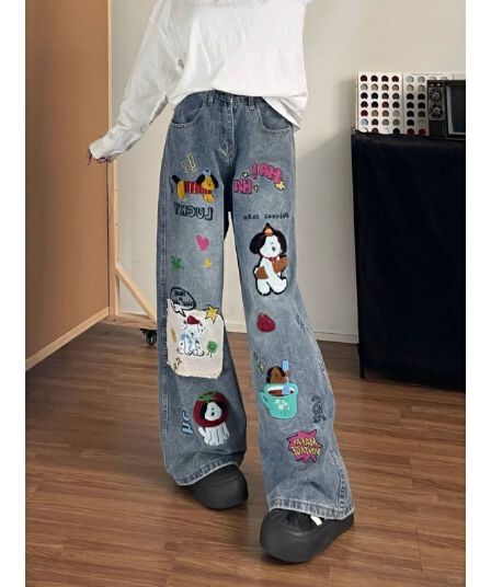 한 부서 레트로 강아지 수건 자수 청바지 여성 봄 가을 새로운 디자인 센스 루즈핏 모통이 칼 넓은 다리 길이 바지