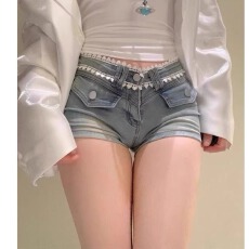 批发韩系辣妹牛仔短<b class='q'>裤</b>女春<b class='q'>夏季</b>低腰显瘦显高蕾丝拼接包臀直筒超短热<b class='q'>裤</b>