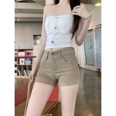 批发韩系卡其美式牛仔短<b class='q'>裤</b>女夏新款高腰双纽扣复古a字辣妹包臀热<b class='q'>裤</b>子