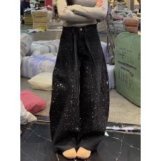 批发美式<b class='q'>大码</b>辣妹设计感单面烫钻牛仔裤子女春夏复古<b class='q'>时尚</b>百搭拖地长裤