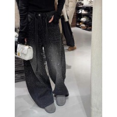 批发韩系2026新款双面烫钻美式复古满天星闪钻阔腿<b class='q'>牛仔裤</b><b class='q'>女</b>宽松坠感裤