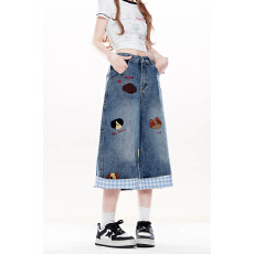 批发美式水洗做旧小狗刺绣<b class='q'>牛仔</b>七分裤<b class='q'>女</b>2026夏季潮流复古宽松阔腿<b class='q'>短裤</b>