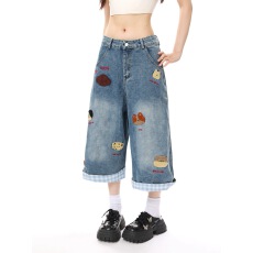 批发美式水洗做旧小狗刺绣<b class='q'>牛仔</b>七分裤<b class='q'>女</b>2026夏季潮流复古宽松阔腿<b class='q'>短裤</b>